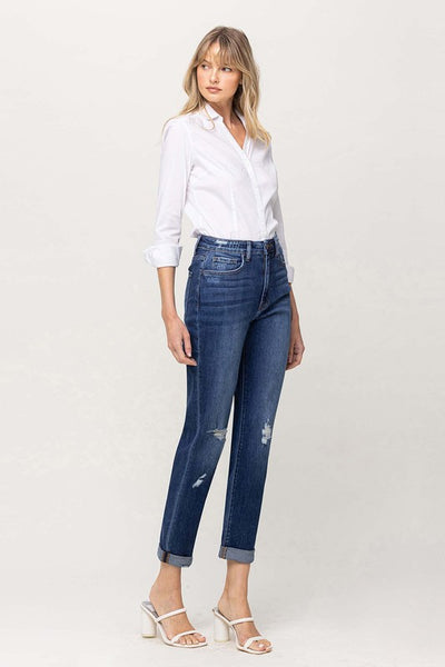 Distressed Double-Cuffed Stretch Mom Jeans