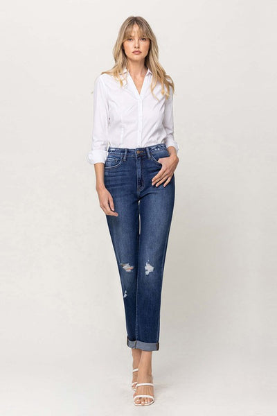 Distressed Double-Cuffed Stretch Mom Jeans